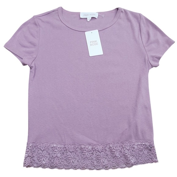 Pink Rose Tops - Pink Rose Lace Trim Tee Womens Large Mauve NWT Short Sleeve Softgirl Y2K Boho